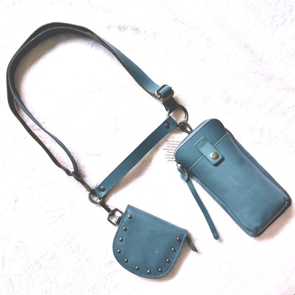 Free People Handbags - FREE PEOPLE Change Me Up Crossbody Phone & Coin Case Blue Leather Bag--N…